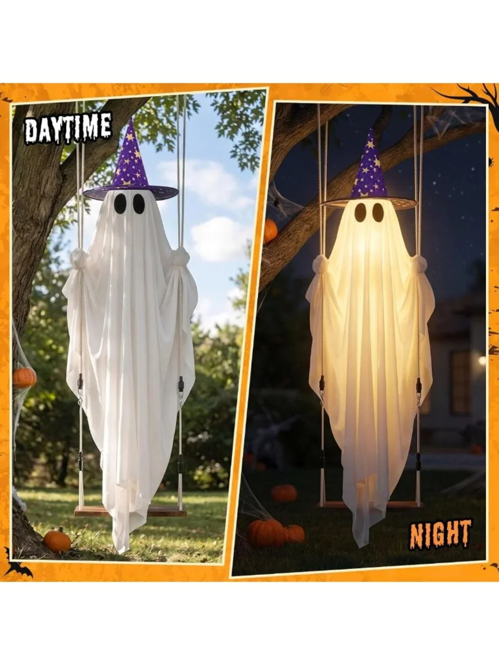 11 FT Light-Up Swinging Ghost Decor with Bat & Hat - Outdoor Halloween Yard